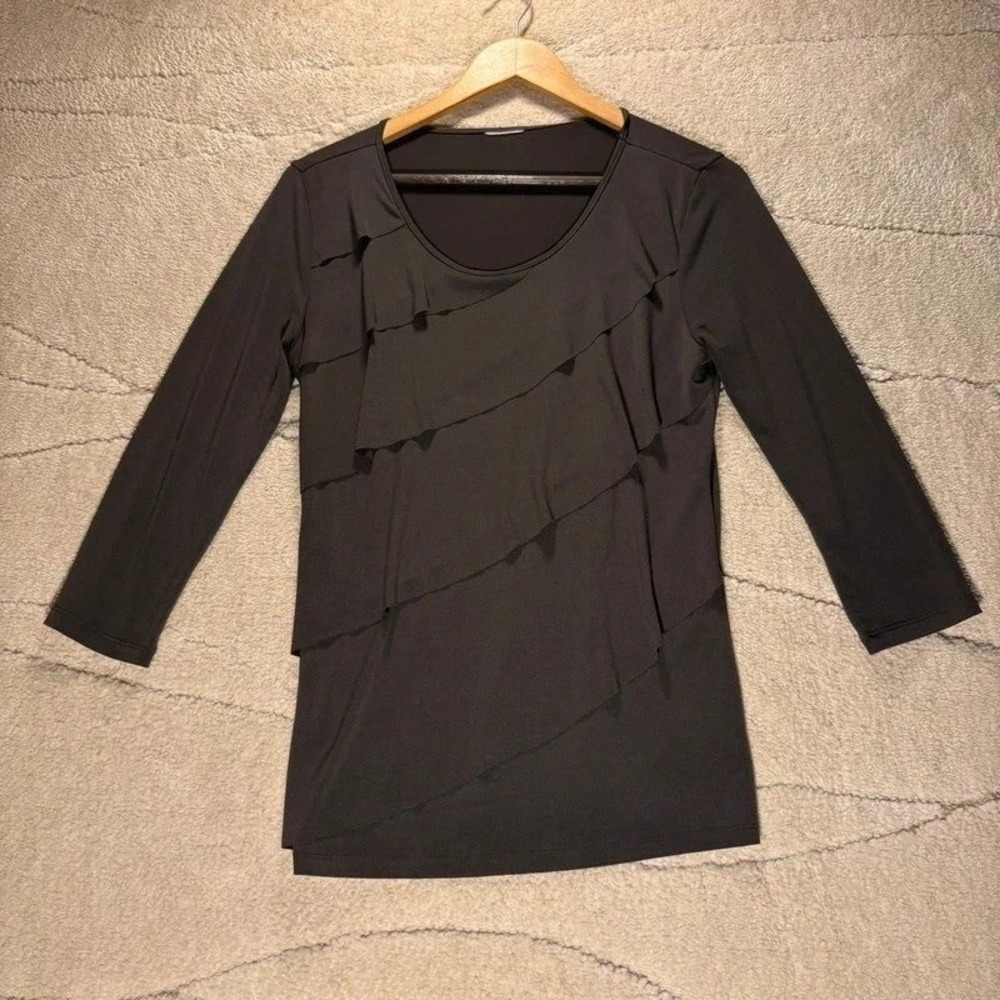 Women's Black Layered Ruffle Long Sleeve Stretch Top Scoop Neck*